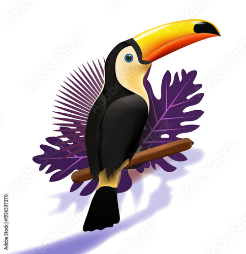A colorful cartoon toucan with a vibrant beak perches on a tree branch, standing out against a white background.