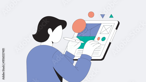 A creative person analyzing data on a tablet with colorful graphics and shapes floating around