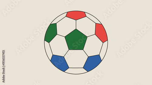 A vibrant illustration depicts a classic soccer ball with alternating pentagonal and hexagonal panels in red green blue and white high quality professional detailed modern elegant