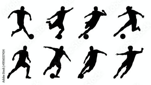 A collection of eight black silhouettes depicting dynamic soccer players in various action poses with a soccer ball high quality professional detailed modern elegant stylish clean