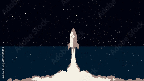 Retro 8-bit Pixel Art Rocket Launching into Starry Space from a Dark Horizon - Vintage Video Game Style Illustration