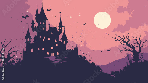 Spooky Halloween castle silhouette with bats flying under a full moon in a mystical purple and pink night sky illustration