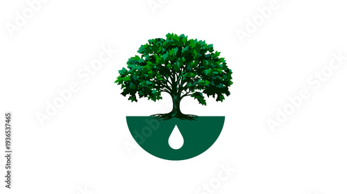 Vibrant green tree with deep roots and water droplet icon, symbolizing nature, growth, ecology, and sustainable environment