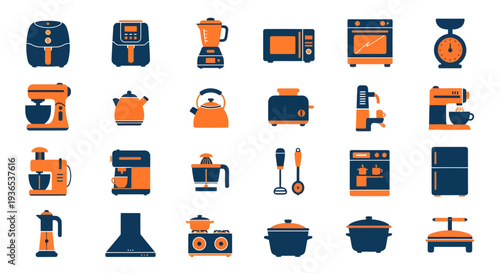 Modern Kitchen Appliances Icon Set, Flat Vector Illustration of Household Kitchenware and Cooking Equipment