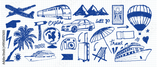 Blue crayon hand-drawn doodle travel illustration set featuring a car, train, mountains, coconut tree, and luggage, perfect for scrapbooking and card design.