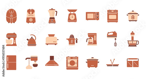 Modern Kitchen Appliances Icon Set, Aesthetic Cooking Equipment Illustrations in Flat Style