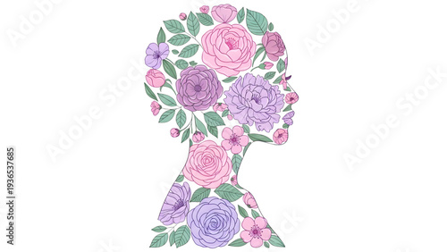 Vibrant floral head silhouette with roses and leaves in pink and purple hues