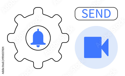 Communication, notifications, alerts, messaging, user interface, digital connectivity. A gear with bell icon, video camera icon and send button. Communication and notifications concept