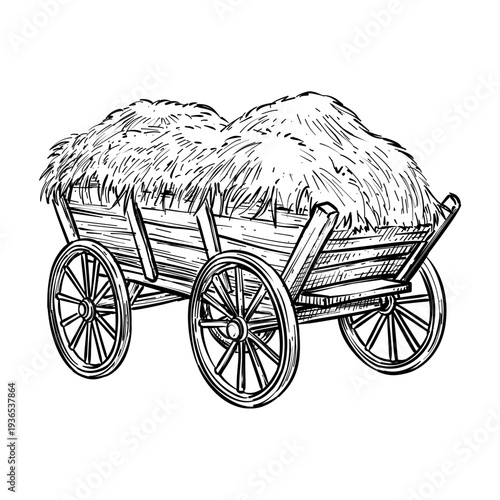 old wooden cart with hay bales vector line art hand drawn illustration