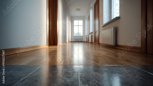 A low angle view down a bright empty interior hallway with wooden floors and natural light
