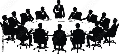 Corporate board meeting with business professionals around conference table, executive leadership discussion silhouette, teamwork flat vector illustration