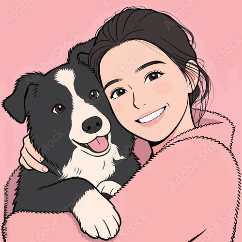 A woman holds a dog close while smiling happily. They are in a cozy space with a pink background. The moment shows their bond and joy.
