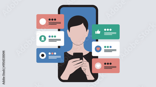 A person holding a smartphone with various social media notifications floating around them.