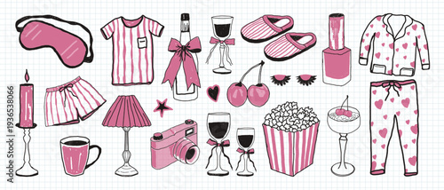 hand drawn pink doodle pajama party set for girls. illustration of Nail Polish, Dessert Glass, Popcorn, Pajama top and Pants and Sleep mask for Birthday or wedding invitation card design.