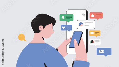 A man interacts with his smartphone surrounded by social media notifications and chat bubbles.