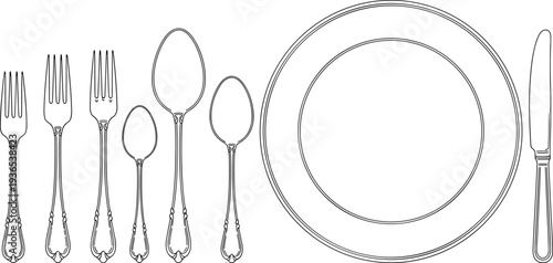 Vintage cutlery and plate line art set, fork spoon knife and dinner plate outline isolated on white background elegant table setting vector illustration
