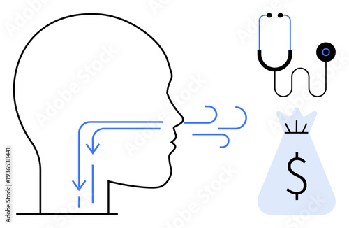 Human respiratory diagram showing airflow, stethoscope for medical care, and money bag symbolizing healthcare expenses. Ideal for health care, diagnostics, wellness, insurance, cost analysis, medical