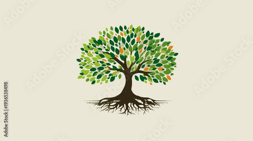 Vibrant green tree illustration with visible roots and lush foliage, symbolizing nature, growth, and environmental sustainability.