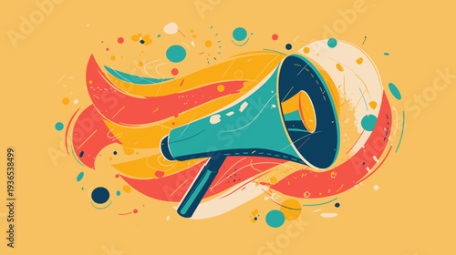 Vibrant megaphone illustration with colorful sound waves, symbolizing digital marketing, loud announcement, and public communication.