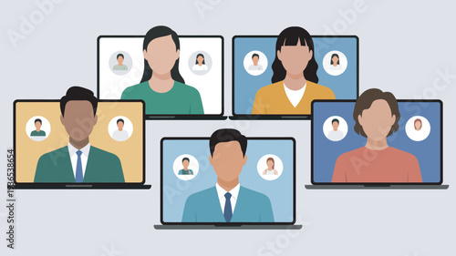 A group of people having a virtual meeting on their laptops with video calls