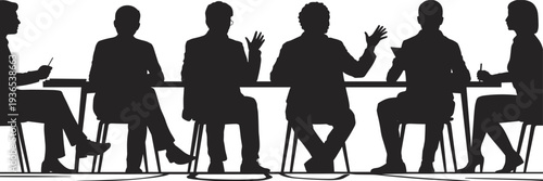 Corporate business discussion silhouette, professional team sitting at conference table sharing ideas strategy leadership teamwork collaboration concept office flat vector illustration