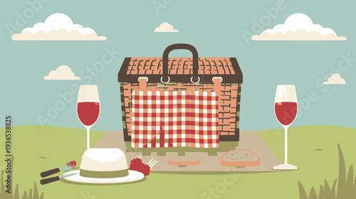 Charming summer picnic illustration with a wicker basket, two wine glasses, food, and a hat in a vibrant green field.