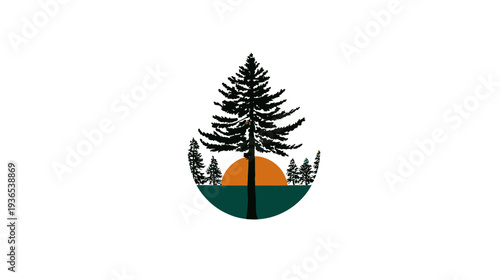Minimalist Evergreen Tree and Sun Landscape Graphic Design, Nature Emblem for Outdoor Adventure and Forest Serenity