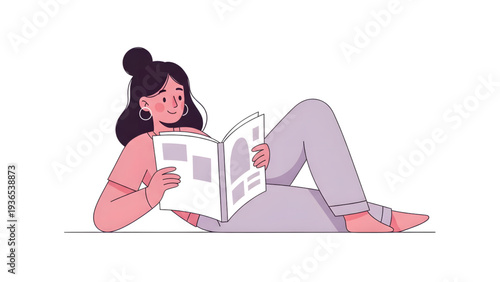 Relaxed woman reading a magazine on the floor with a smile