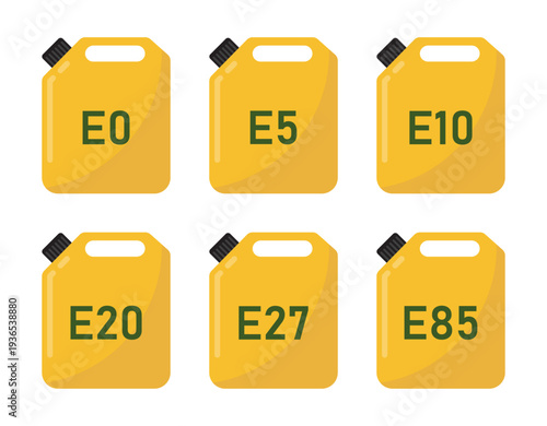 Ethanol fuel container icons set E0, E5, E10, E20, E27, E85 yellow biofuel canister labels for gasoline ethanol blend alternative energy vector illustration