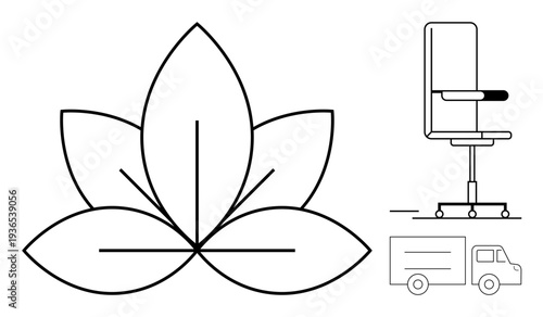 Wellness, productivity, e-commerce, logistics, corporate environments, minimalism. Line art of a lotus flower, adjustable office chair and delivery truck. Wellness and productivity concept