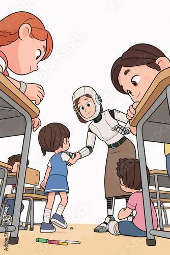 Students interact with a robot in a classroom setting during a presentation, showing excitement and curiosity about technology.