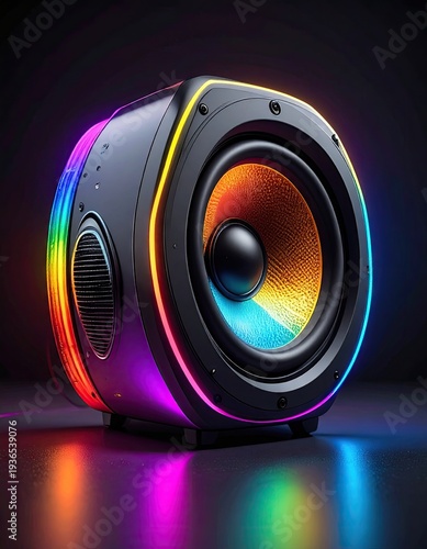 Lit speaker; colorful, vibrant, rounded, modern audio device