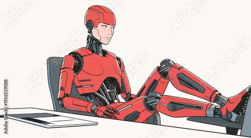 Robot sits in an office chair with a relaxed pose, placed in a simple workspace with a table and documents.