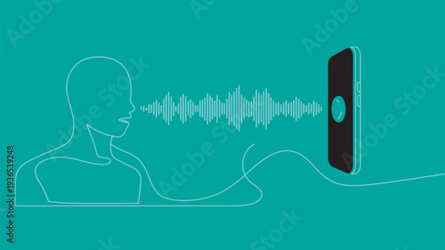 A person speaking into a smartphone with a sound wave emanating from their mouth to the device