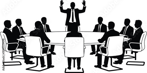 Corporate board meeting silhouette illustration, executive team discussion around conference table in professional office flat vector illustration