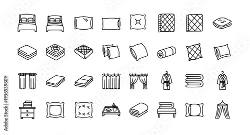 A collection of black and white line art icons depicting various bedroom furniture and accessories