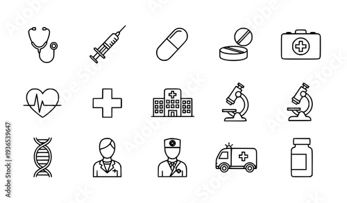 A set of medical icons and symbols in a flat design style