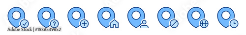 Map pin icons set. Location, marker sign. Navigation, pointer symbol. Blue solid vector icon. For apps, website, business, ui / ux design, infographic, etc. Checkmark, house, time clock, plus, etc.