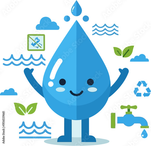 Cute water drop character with recycling symbols, promoting water conservation and environmental awareness, perfect for educational and ecological campaigns