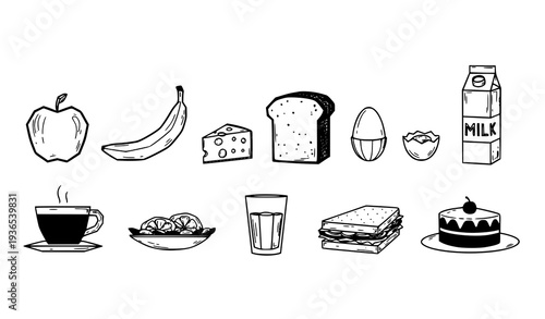 A set of black and white illustrations of various breakfast foods