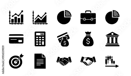 A set of black and white vector icons representing business and finance concepts