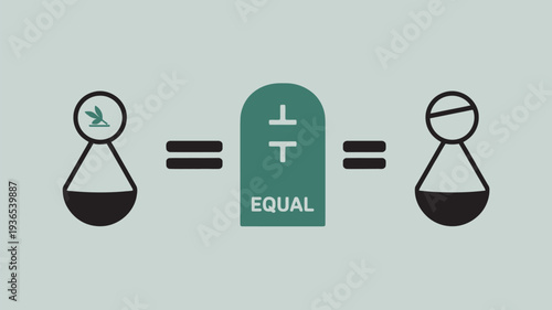 A simple graphic illustration of equality and balance with beakers and a green tombstone