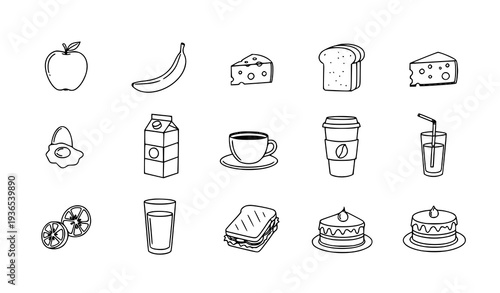 A set of simple line art illustrations of various breakfast foods and drinks