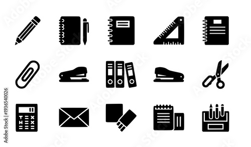 A set of office supplies icons in a flat minimal design style