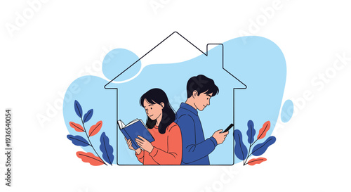 Peaceful scene of a young couple at home with the woman reading a book and the man checking his phone inside a house outline.