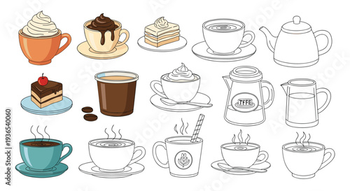 Comprehensive collection of coffee tea and dessert icons in both full color and black and white line art styles for cafe menus.