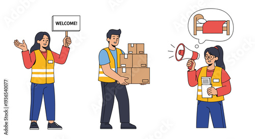 Group of helpful volunteers in yellow safety vests organizing donations of food boxes and providing shelter information.