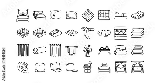 A collection of minimalist line art icons depicting various bedroom and hotel room furnishings and amenities.