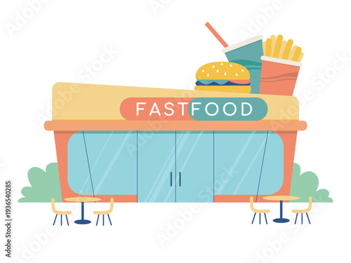 Fastfood cafe exterior - a small outdoor cafe building with glass doors, decorated with burgers, fries, and sodas with tables outside. Flat color vector illustration isolated on a white background
