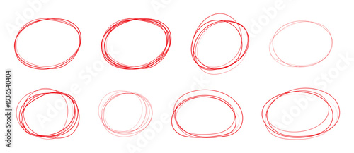 Hand drawn black and red circles and ovals set. Ellipses in red pencil doodle style. Round freehand shapes, emphasis highlights. Red round rough thin frames.